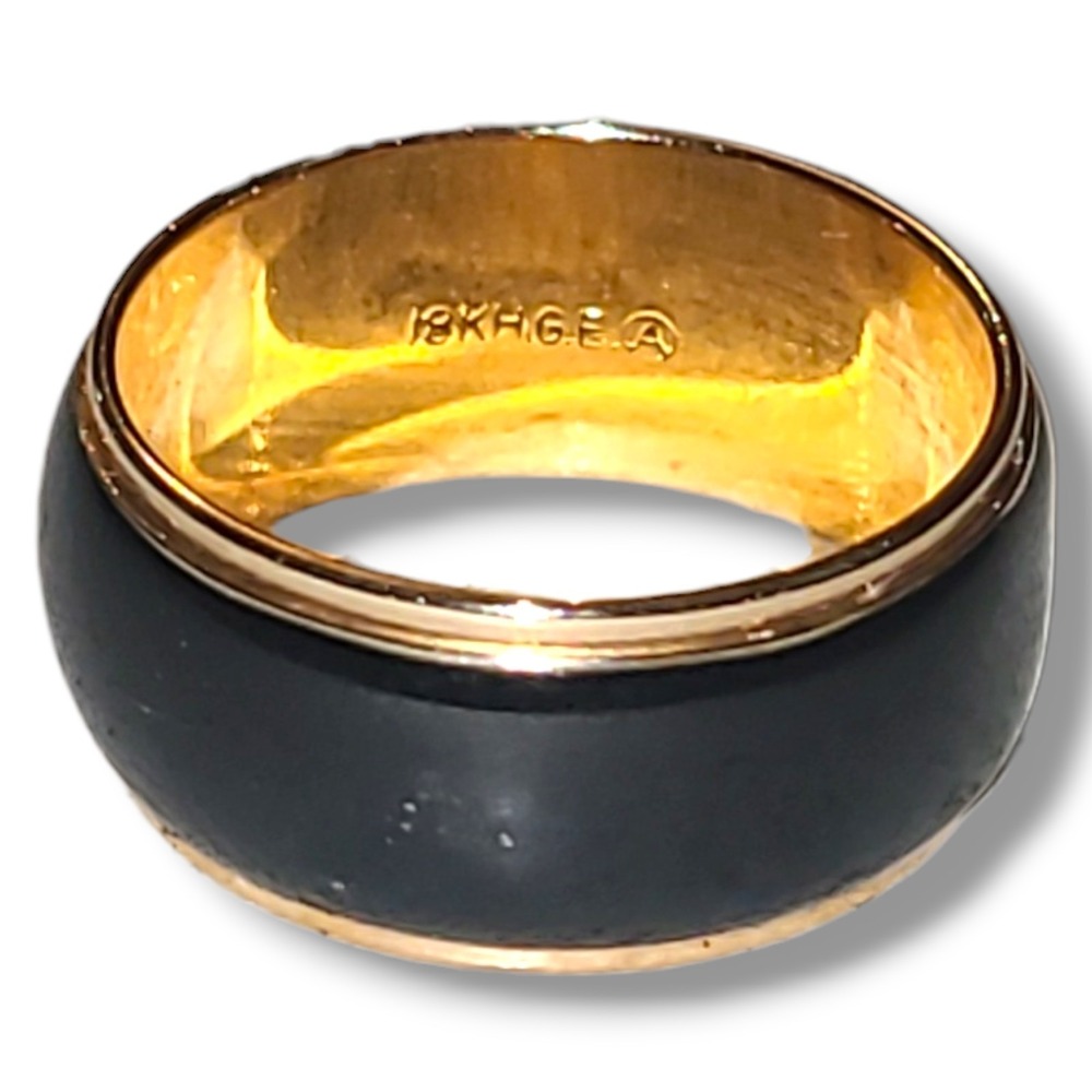 Vintage 18K HGE Black Enamel Band Ring Size 5 Unisex‎ Gold Tone Statement